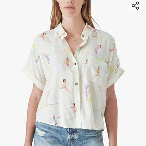 Lucky Brand Shirt Hawaiian Surfer Girl Print Relaxed Short Sleeve Women's Size S